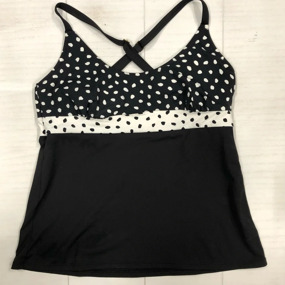 Lands End Tankini Top Crossover Straps Geometric Polka Dot‎ Black White 8 EUC